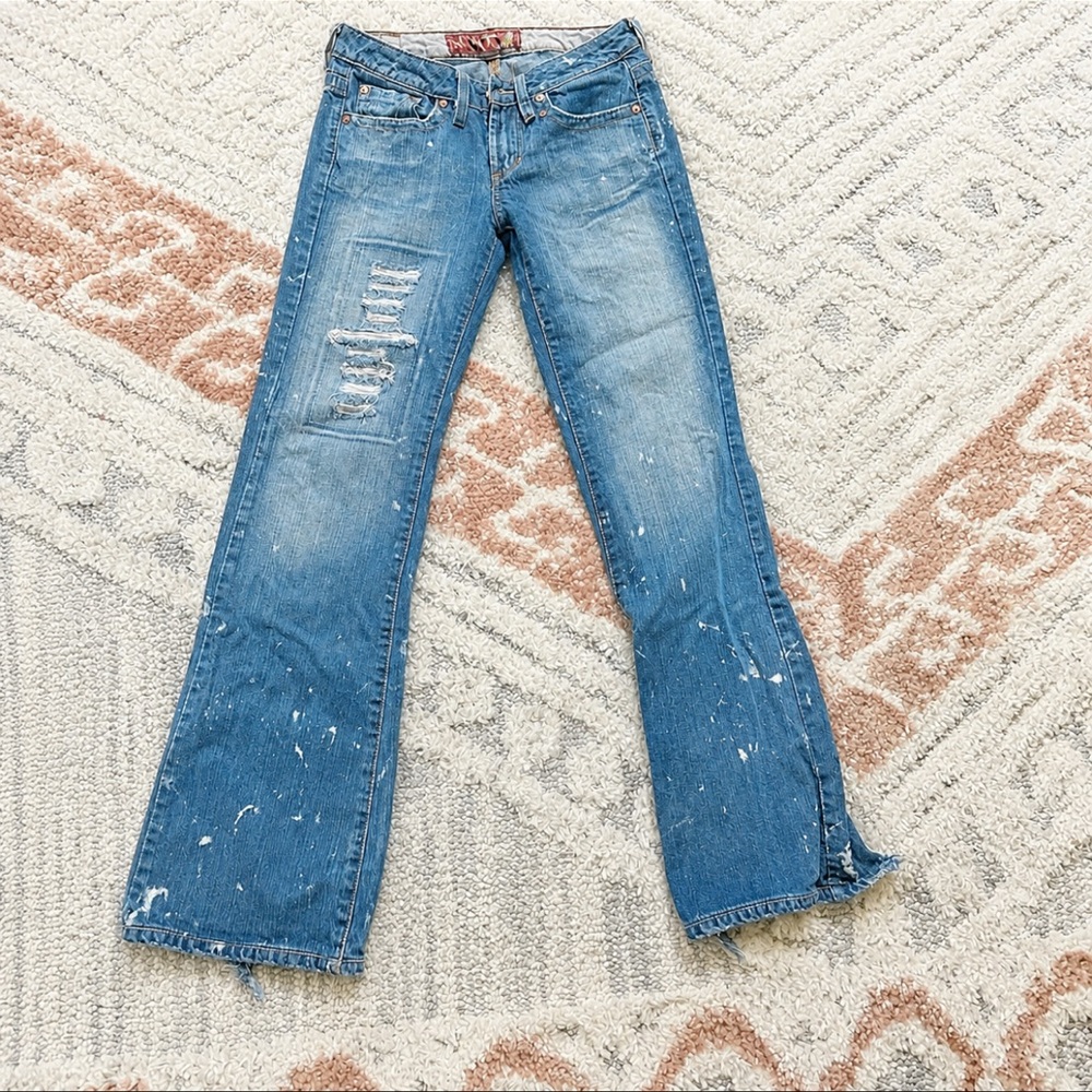 💿 Y2K Low Rise Flare Wide Hint Jeans – Distressed Grunge Paint Splatter Denim - Picture 2 of 8